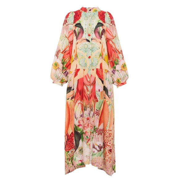 Carolina K Flamingo Bird Print Midi Shirt Dress Floral Tropical Red Linen L - Picture 1 of 13